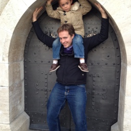 Me and Sebi, holding up the tiny back door into Matthias Church.