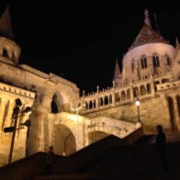 Fisherman's Bastion seen at night from below.